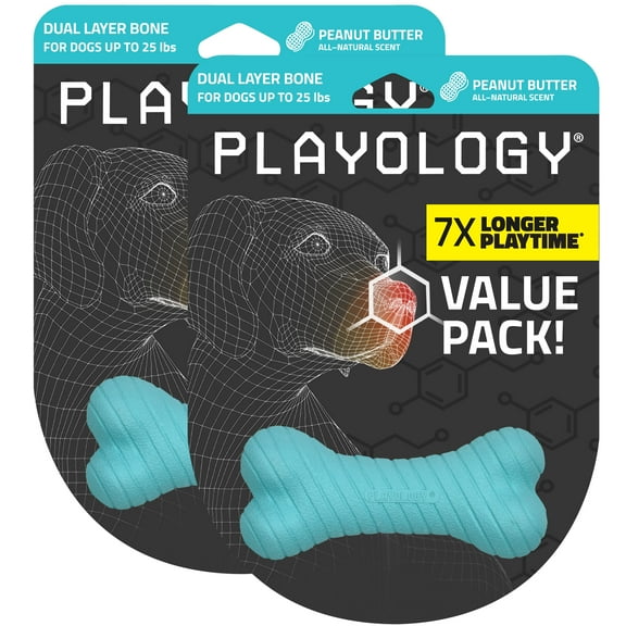 Playology Dog Toys | Chew Toy Dual Layer Bone, Peanut Butter Scented Toy - Small, 2-Pack