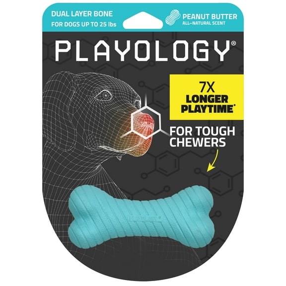 Playology Dog Toys | Durable Chew Toy Dual Layer Bone, Peanut Butter Scented Toy - Small