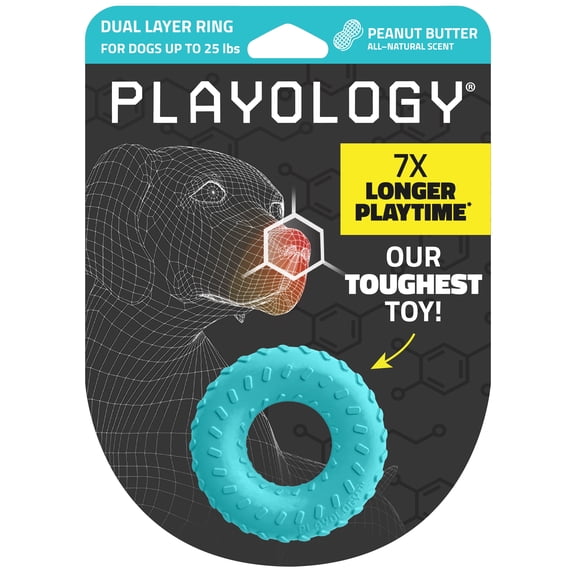 Playology Dog Toys | Durable Chew Toy Dual Layer Ring, Peanut Butter Scented Toy - Small