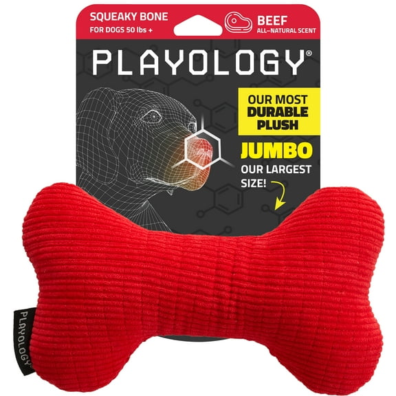 Playology Dog Toys | Plush Squeaky Bone, Beef Scented Toy - Jumbo