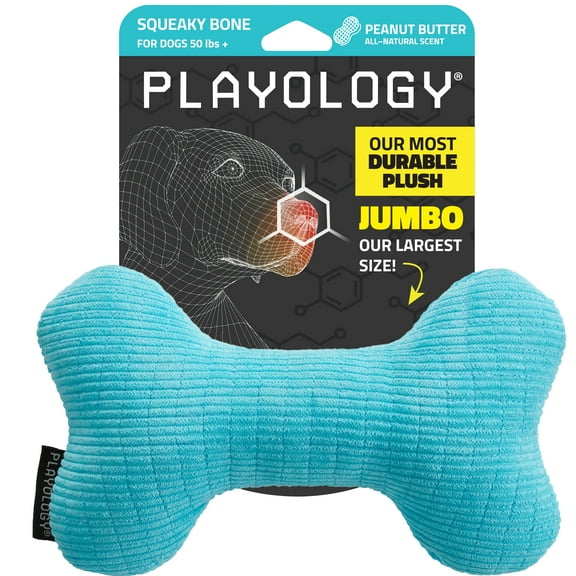 Playology Dog Toys | Plush Squeaky Bone, Peanut Butter Scented Toy - Jumbo