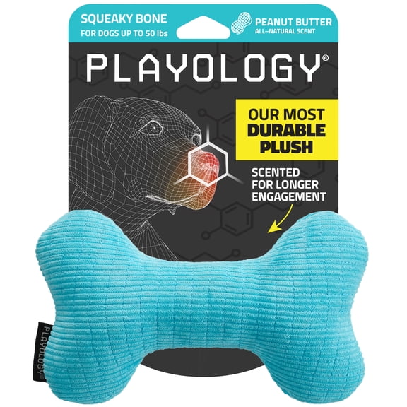Playology Dog Toys | Plush Squeaky Bone, Peanut Butter Scented Toy - Medium