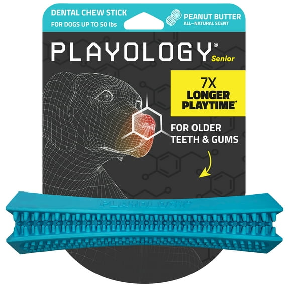 Playology Dog Toys | Dental Chew Stick For Senior Dogs, Peanut Butter Scented Toy - Medium