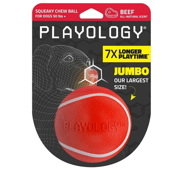 Playology Squeaky Chew Ball, Beef Scented Red Dog Toy for Large to XL Dogs