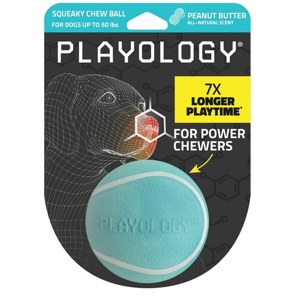 Playology Dog Toys | Squeaky Chew Ball, Peanut Butter Scented Toy - Medium