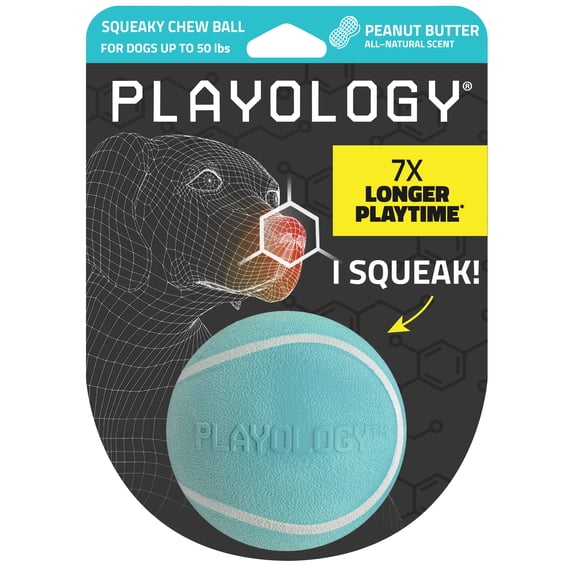 Playology Dog Toys | Squeaky Chew Ball, Peanut Butter Scented Toy - Medium