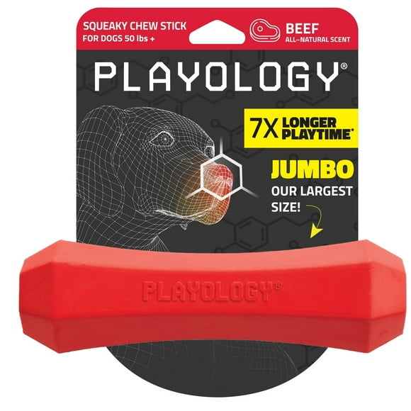 Playology Squeaky Chew Stick, Beef Scented Red Dog Toy for Large to XL Dogs