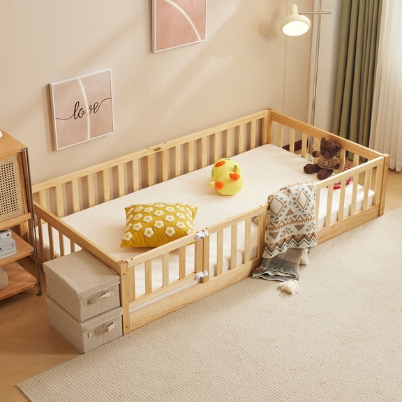 Playpen Bed with Door Bed Board, Twin Children's Wooden Bed
