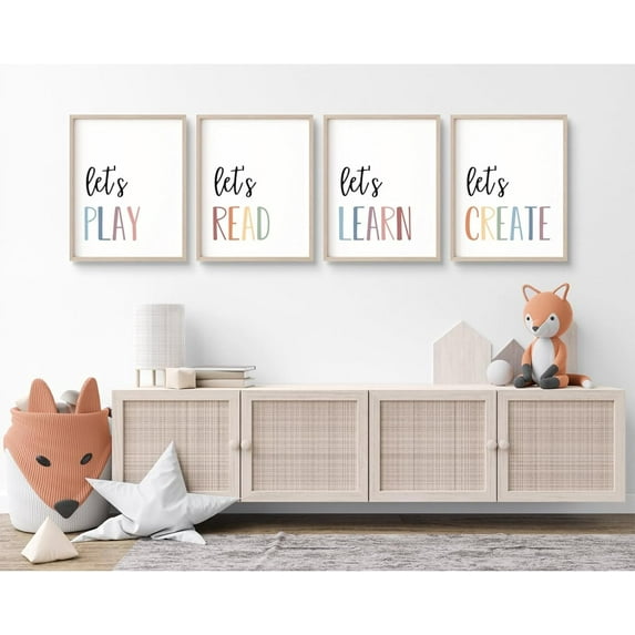 Playroom Kids Wall Art Decor Read Play Sign Classroom Children Wall Art Nursery Canvas Pictures Baby Girl Reading Posters Kids Artwork for 8x10 Inches Unframed Set of 4