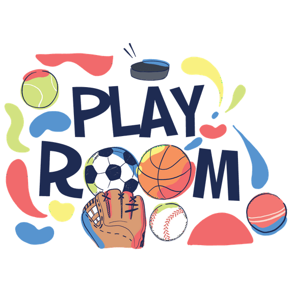 Playroom Logo with Sports Collection Creative Design Vinyl Wall Decal - Basketball, Volleyball, Tennis, Badminton, Football, Darts and Baseball Equipments with Colorful and Vibrant Design for Kid's Ro