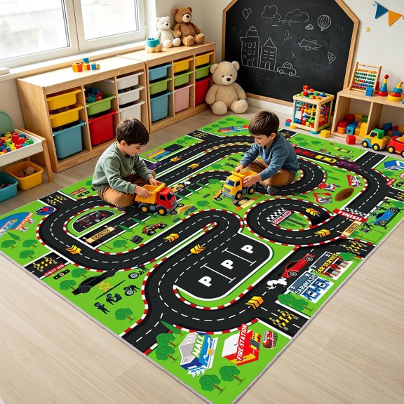 Playroom Rug 3x4 Ft, Washable  Rugs Play Mat, Non-Slip Soft Learning and Fun Race Track Road Carpet for Boys Room, Bedroom, , Classroom