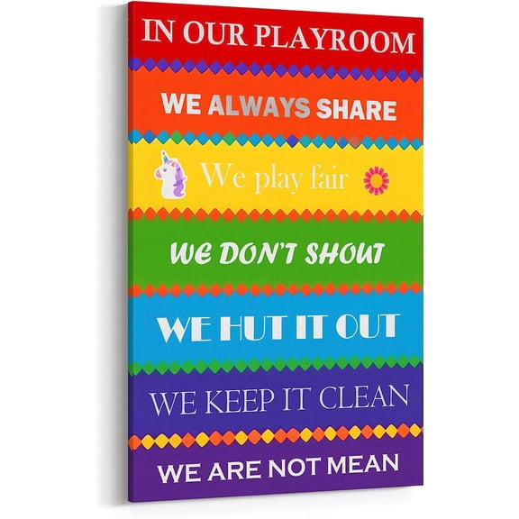 Playroom Rules Sign, Childrens Wall Art, Kids Room Decor, Rainbow Playroom, 24x36 Inch