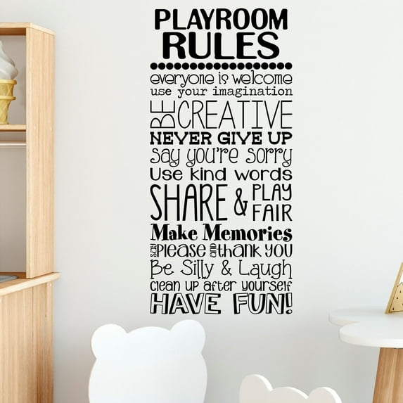 Playroom Rules Vinyl Lettering Wall Decal Sticker Kids Room Wall Decals Decor Size: 16"L x 35"H - Color: Black