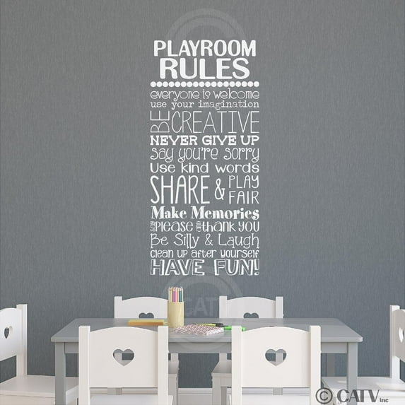 Playroom Rules Vinyl Lettering Wall Decal Sticker Kids Room Wall Decals Decor Size: 16"L x 35"H - Color: White