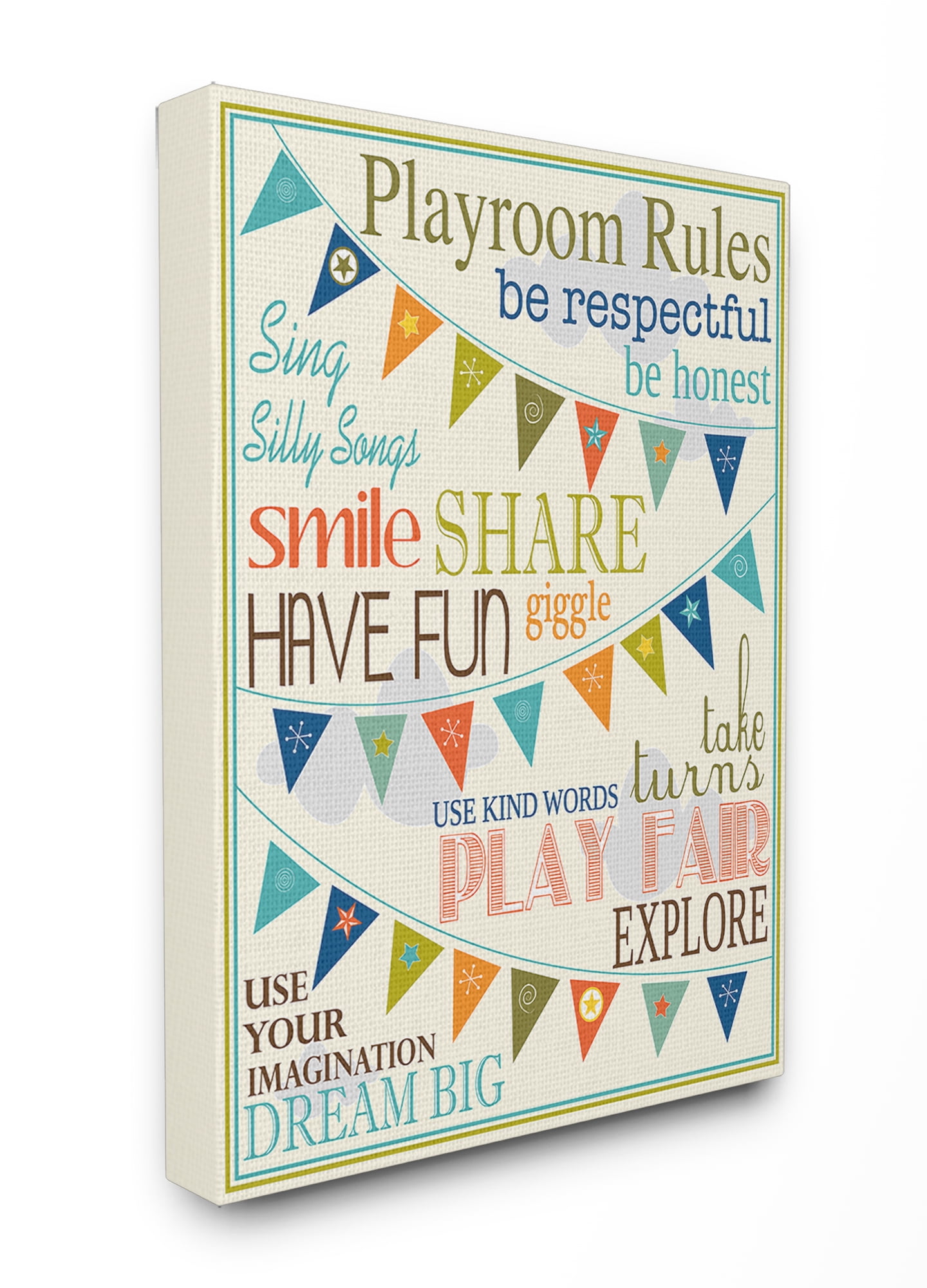 Playroom Rules With Pennants In Blue XXL Stretched Canvas Wall Art, 30 x 1.5 x 40