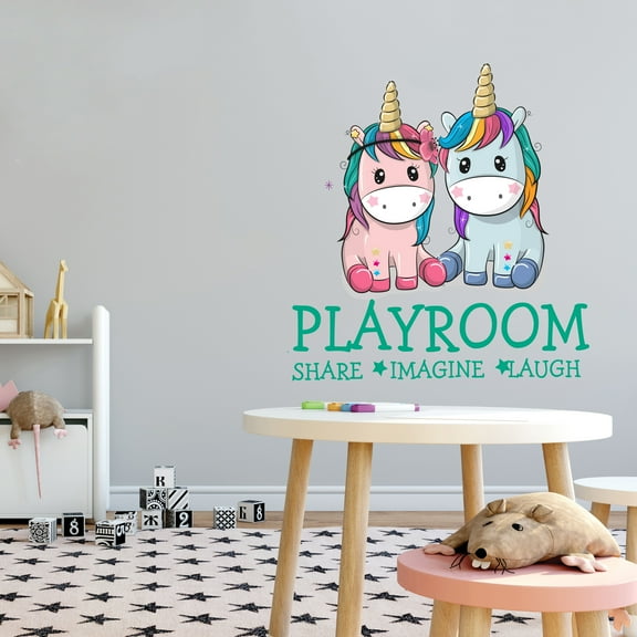 Playroom Share -Imagine- Laugh Wall Decals, Inspirational Quote Wall Stickers-Colorful Unicorn Playroom Sticker for Wall Classroom Nursery Decoration-Size : 18" x 20"