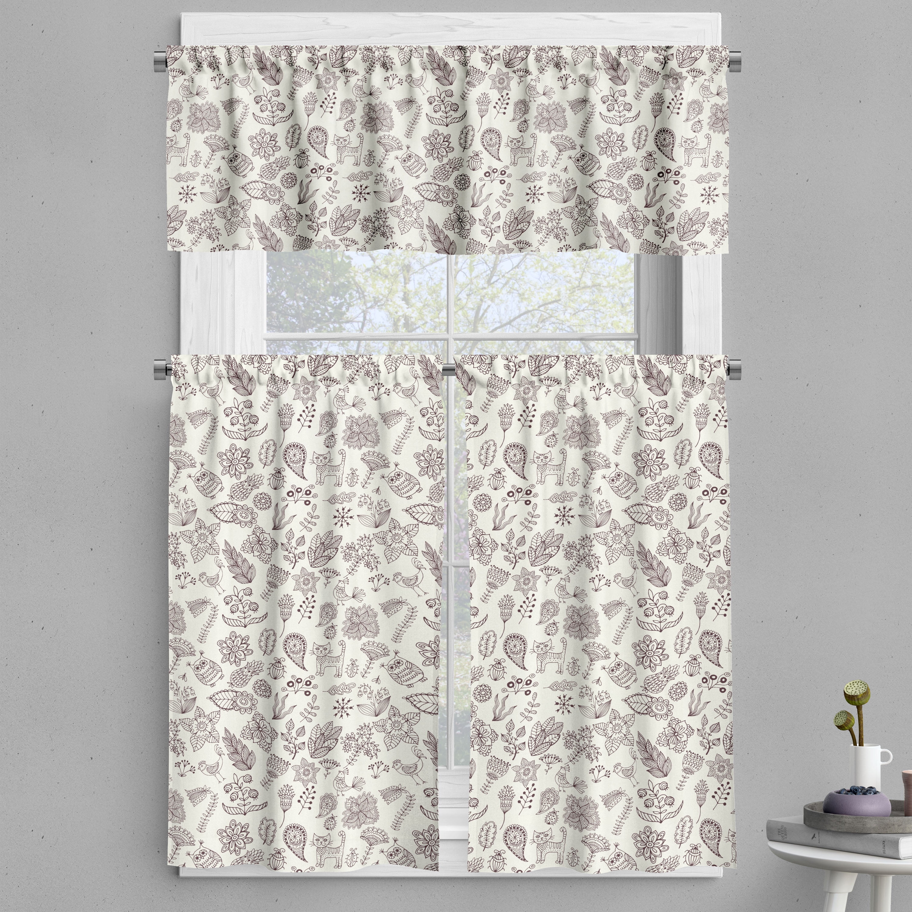 Playroom Valance & Tier Curtain 3 pcs Set, Nature Themed Owl Cat Bird