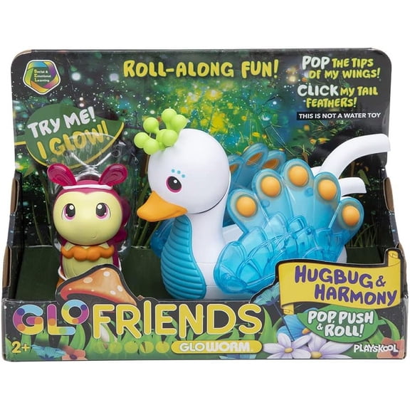 Playskool Glo Friends - Hugbug & Harmony Pop, Push & Roll! - Swan Vehicle - Glowing Bug - SEL Toy (Ages 2+)