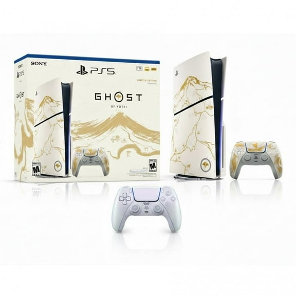 Playstation 5 Console Ghost of Yotei Gold Limited Edition Bundle + DualSense Wireless Controller Chroma Pearl - Includes Limited Edition PlayStation 5 Console & 2  DualSense Controllers
