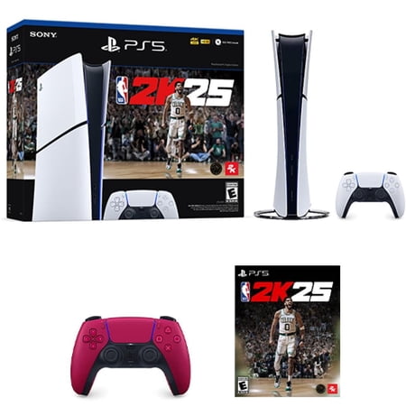Playstation 5 Digital Slim Edition NBA 2k25 Bundle + PlayStation 5 DualSense Wireless Controller Cosmic Red - Includes PS5 Console & DualSense Controller - 16GB RAM 1TB SSD - Includes NBA 2k25