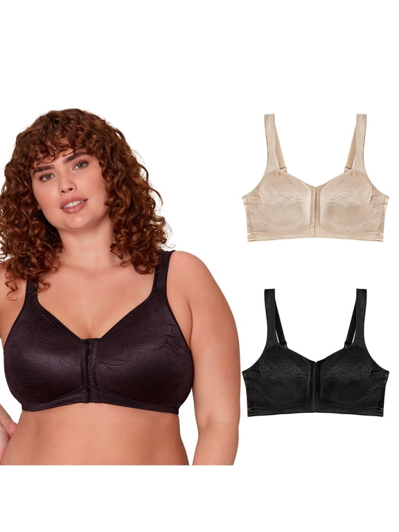 18 Hour POWER SUPPORTX Front Close Extra Back Support Wireless Bra, 2-Pack Nude/Black 42D Women's