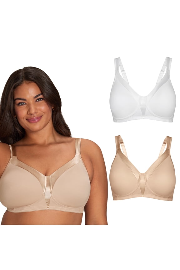 18 Hour Silky Soft Smoothing Cool & Breathable Wireless Bra, 2-Pack White/Nude 44DD Women's