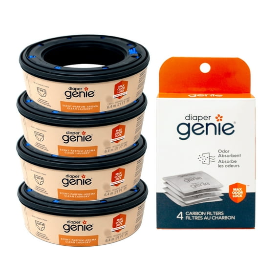 Playtex Diaper Genie Max Fresh Refill bags with Clean Laundry Scent and Anti-Microbial, 1,080 Count + Diaper Genie Carbon filter 4 Count