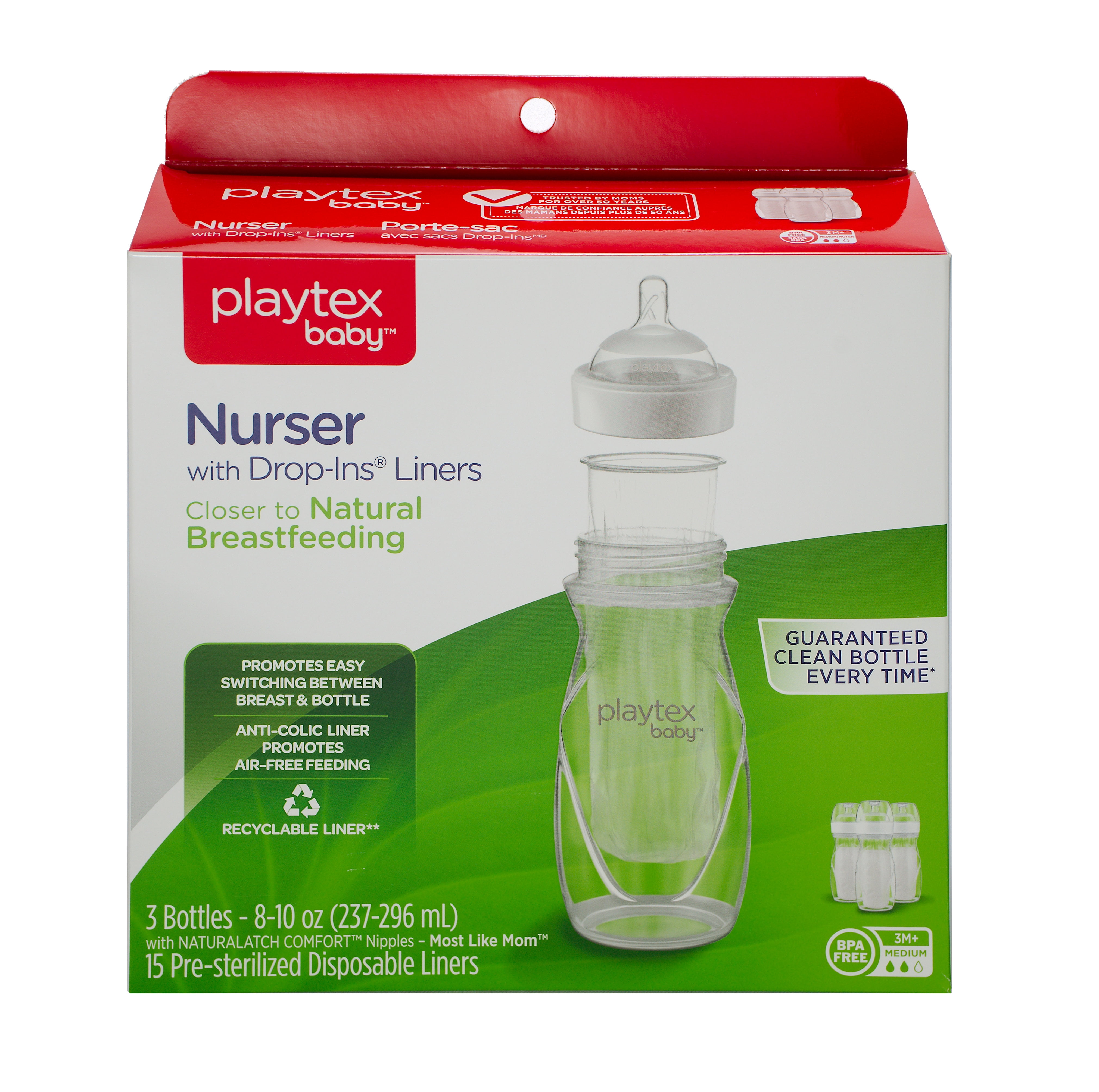 Playtex Baby Nurser Clear Anti-Colic Baby Bottle 3 Pack 8 oz with 15 Drop-ins Liners