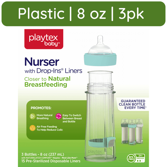 Playtex Baby Nurser Clear Anti-Colic Baby Bottle with 15 Drop-ins Liners, 8 oz, 3 pack