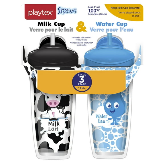 Playtex Sipsters Stage 3 Milk & Water Insulated Straw Sippy Cups, 9 oz, 2 pack