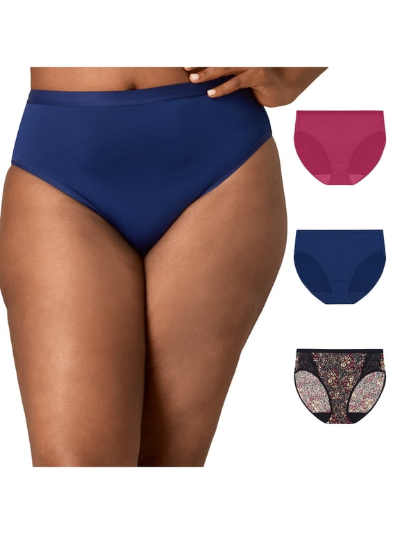 Microfiber High-Cut Underwear Pack, Moisture-Wicking, 3-Pack (Plus Sizes) Digital Rose/Navy/Noten Floral 2XL Women's