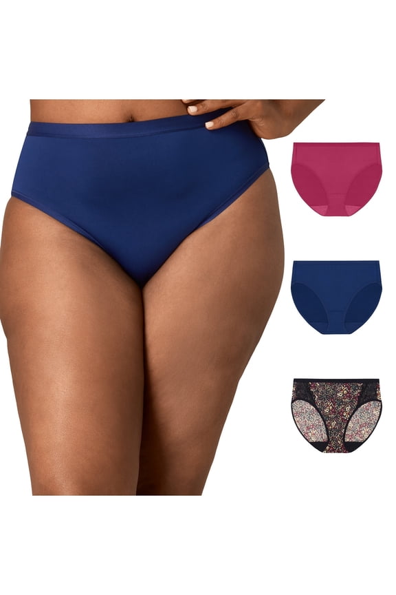 Microfiber High-Cut Underwear Pack, Moisture-Wicking, 3-Pack (Plus Sizes) Digital Rose/Navy/Noten Floral 2XL Women's