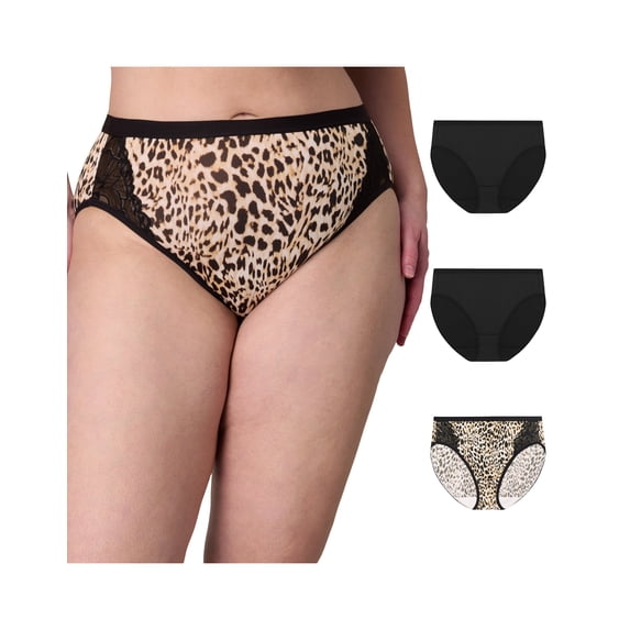 Playtex Microfiber High-Cut Underwear Pack, Moisture-Wicking, 3-Pack (Plus Sizes) Heirloom White Leo/Black/Black XL Women's