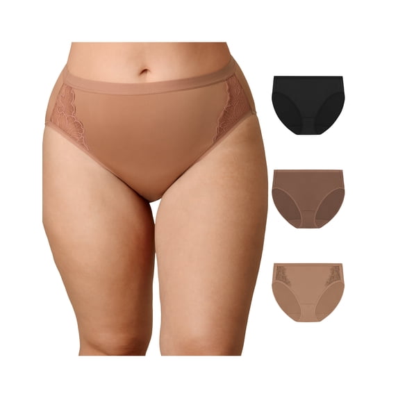 Playtex Microfiber High-Cut Underwear Pack, Moisture-Wicking, 3-Pack (Plus Sizes) Iced Brown/Bronzed Chestnut/Black 3XL Women's