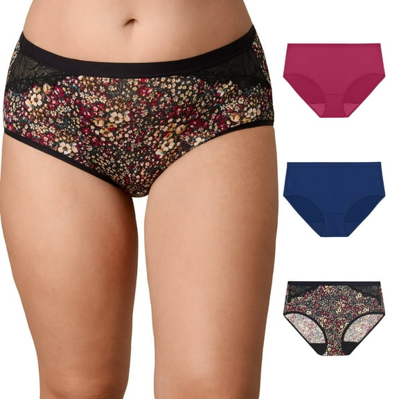 Playtex Microfiber Hipster Underwear Pack, Full Coverage, Moisture-Wicking, 3-Pack Digital Rose/Navy/Noten Floral XL Women's