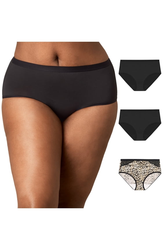 Microfiber Hipster Underwear Pack, Full Coverage, Moisture-Wicking, 3-Pack Heirloom White Leo/Black/Black M Women's