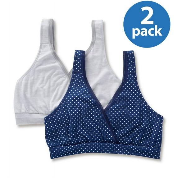Playtex Nursing Pullover Wirefree Sleep Bra, 2-Pack Navy Dot Print/Silver Heather Print 2XL Women's