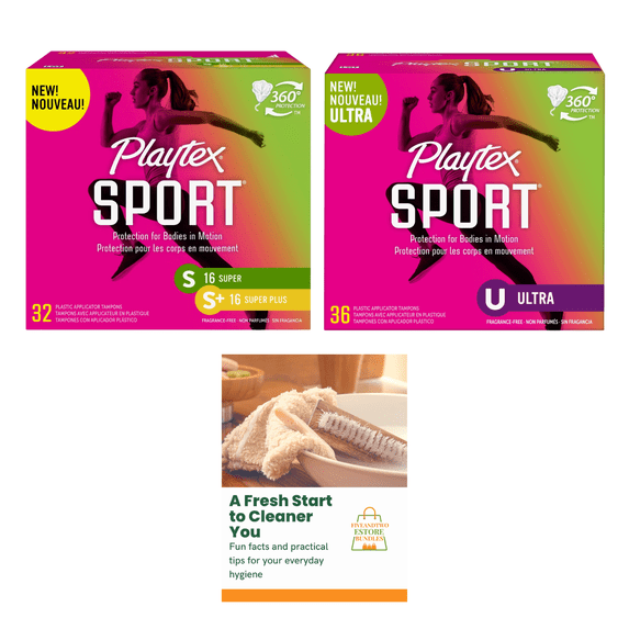 Playtex Sport Compact Tampons Multipack Super, Super Plus Tampons (32ct), Ultra Absorbency Tampons, Unscented (36 Count), with eBooklet, Set of 3 (68 Total Count Tampons)