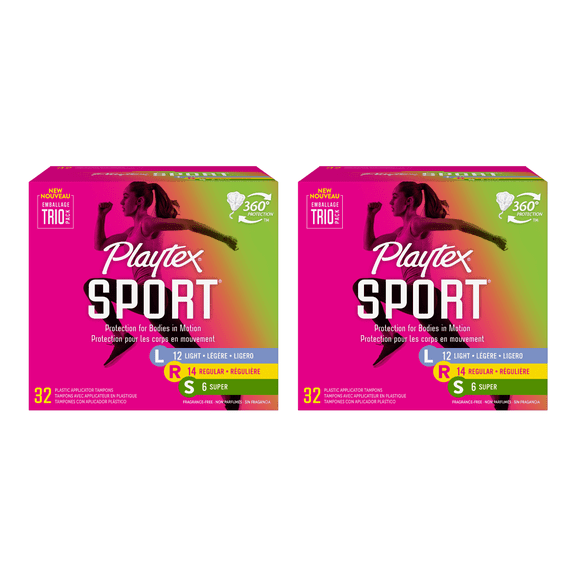 Playtex Sport Plastic Tampons Unscented Multi-Pack 12 Light, 14 Regular & 6 Super, 32ct (Pack of 2)