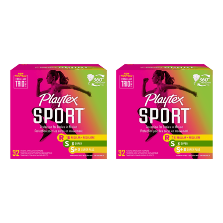Playtex Sport Plastic Tampons Unscented Multi-Pack 16 Regular & 8 Super, 8 Super+, 32ct (Pack of 2)