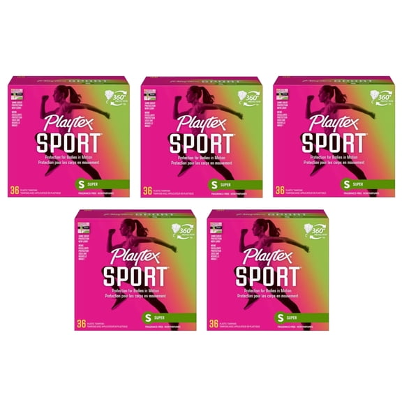 Playtex Sport Tampons Super Absorbency with Plastic Applicator Fragrance Free 36 Count (Pack of 5)