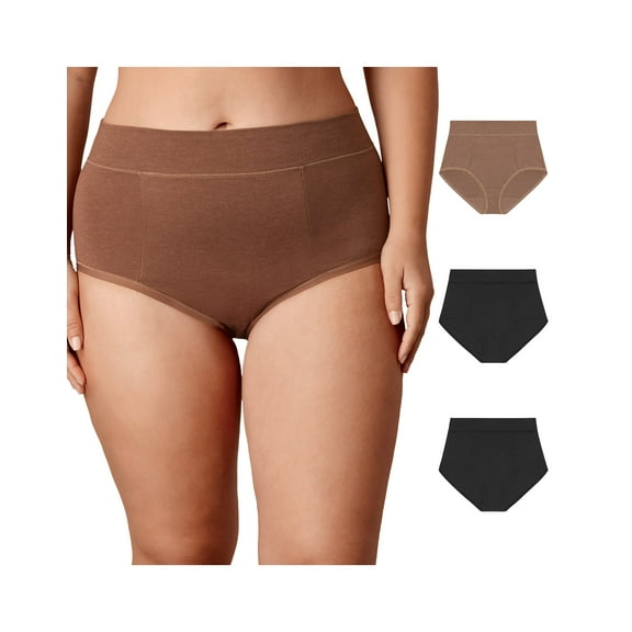 Playtex Tummy Smoothing Brief Underwear Pack, Moisture-Wicking, 3-Pack (Plus Sizes) Bronzed Chestnut Heather/Black/Black 2XL Women's