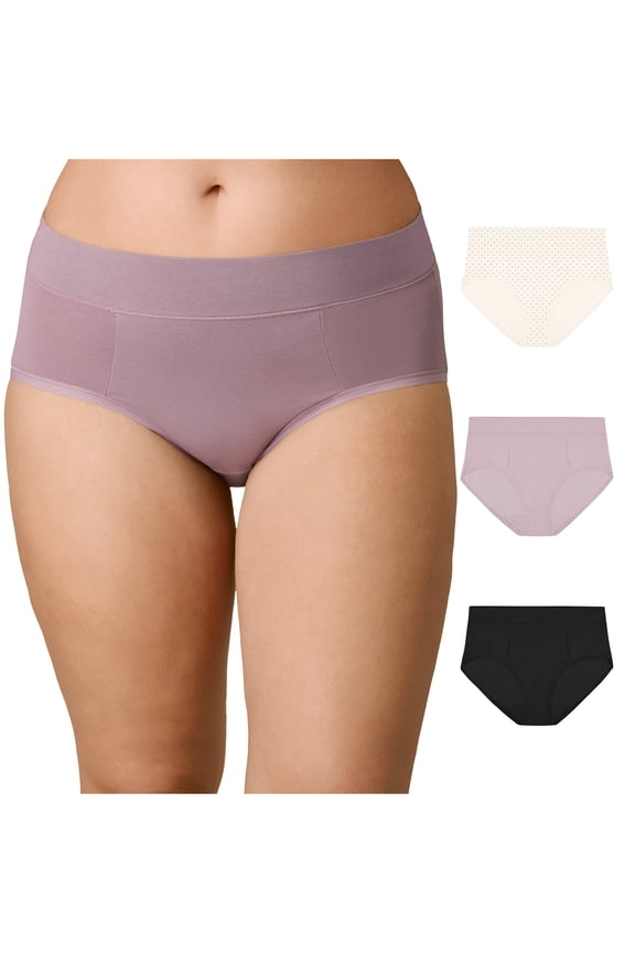 Tummy Smoothing Hipster Underwear Pack, Moisture-Wicking, 3-Pack (Plus Sizes) Vint Mauve/Black/Heirloom White Dot 2XL Women's