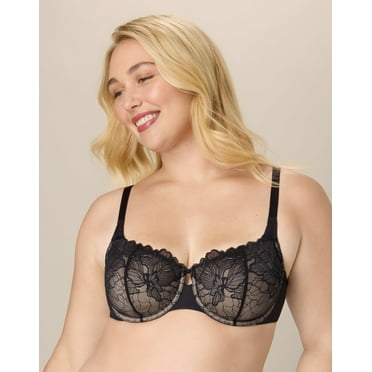 Playtex Unlined Lace Balconette Bra, Full Coverage  Dressed In Black/Almond 38DDD Women's