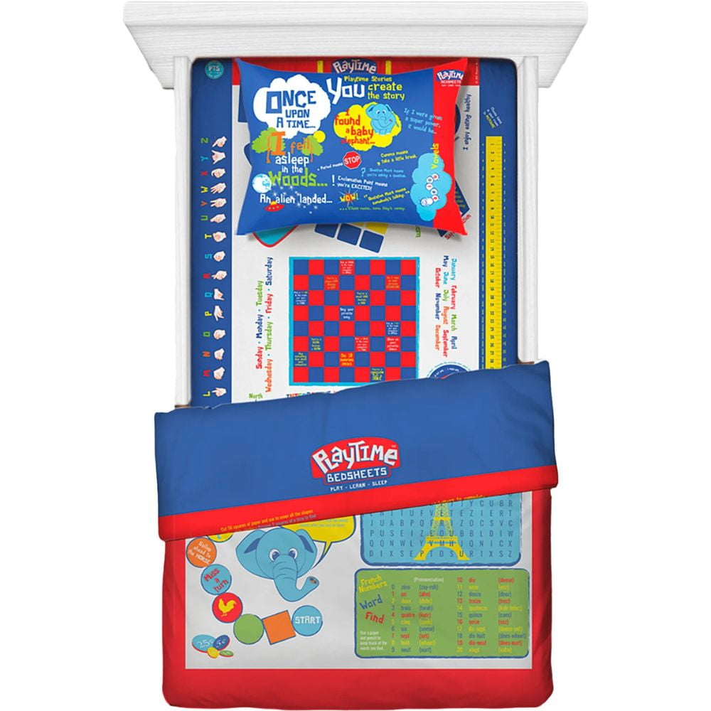 Playtime Premium & Ultra-Soft Microfiber Kids Blue Fitted Game Bedding Sheets & Pillowcases. 3 Piece. Twin, Pack and Play Kids /Toddler Bed Sheets Set. Over 65 Fun Interactive Kids Games, Puzzles