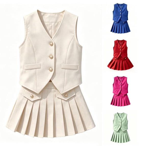 Playtopia 2‑Piece Summer Outfit Set Sleeveless V‑Neck Button‑Decor Vest And Pleated Skirt Size 3Y‑7Y