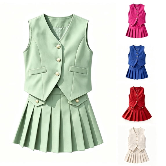 Playtopia 2‑Piece Summer Outfit Set Sleeveless V‑Neck Button‑Decor Vest And Pleated Skirt Size 3Y‑7Y