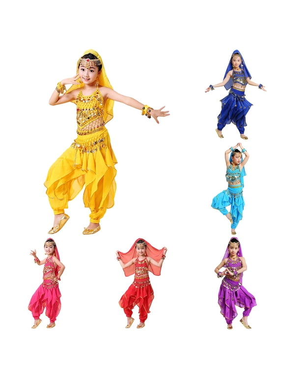 Big‑Girls 4‑Piece Belly Dance Costume Set Halter Coin‑Decor Top Harem Pants Waist Chain And Headscarf Size S‑XXL Plus Size Friendly