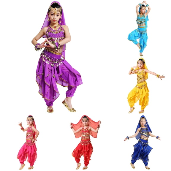 Playtopia Big‑Girls 4‑Piece Belly Dance Costume Set Halter Coin‑Decor Top Harem Pants Waist Chain And Headscarf Size S‑XXL Plus Size Friendly