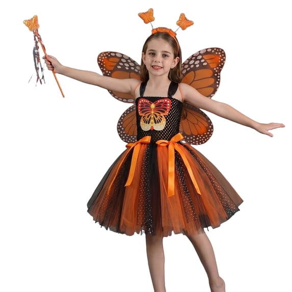 Playtopia Big‑Girls 4‑Piece Monarch Butterfly Fairy Costume Set Sleeveless Tutu Dress Butterfly Wings Headband And Magic Wand Size S‑XXL